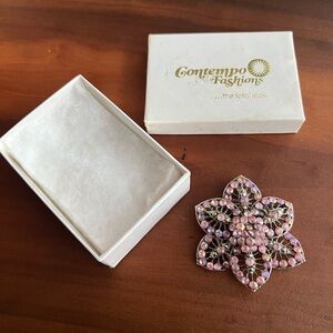 Vintage Pink Rhinestone Floral Brooch Pin